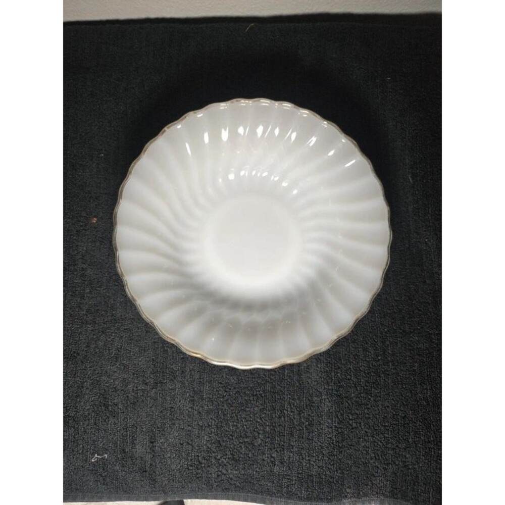 Vintage Anchor Hocking Fire-King Swirl Milk Glass Serving Bowl Gold Rim Wear